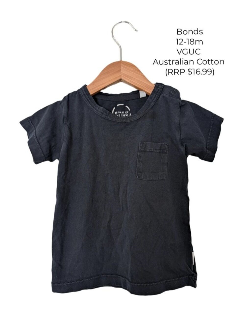 Bonds Black Pocket T-Shirt 12-18m Baby Clothes